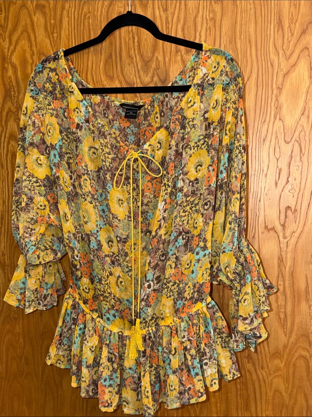 Moda International Yellow Floral Ruffle Tie-Front Tunic